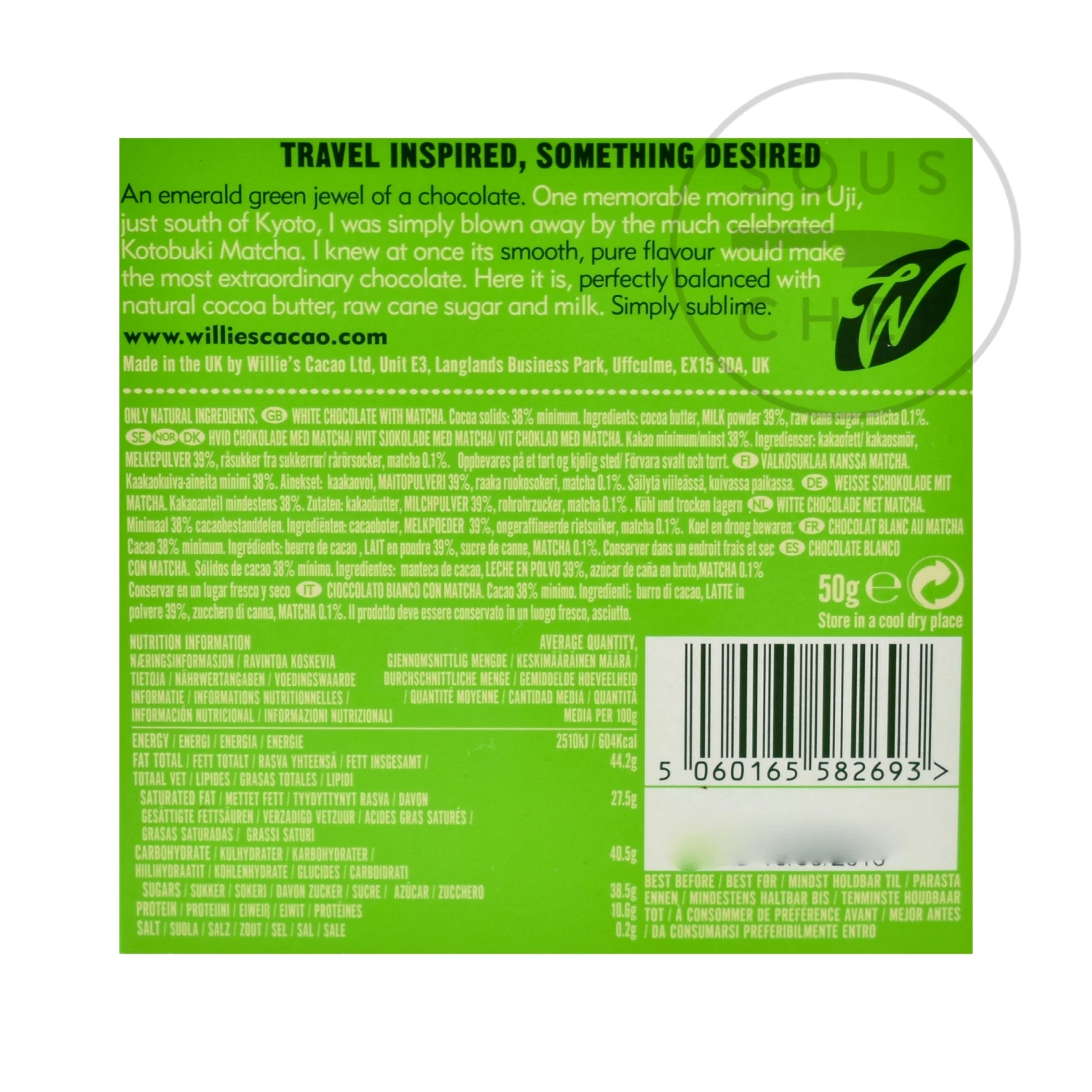 Ingredients Willie's Cacao Matcha White Chocolate 50g 4 Ingredients Willie's Cacao Matcha White Chocolate 50g