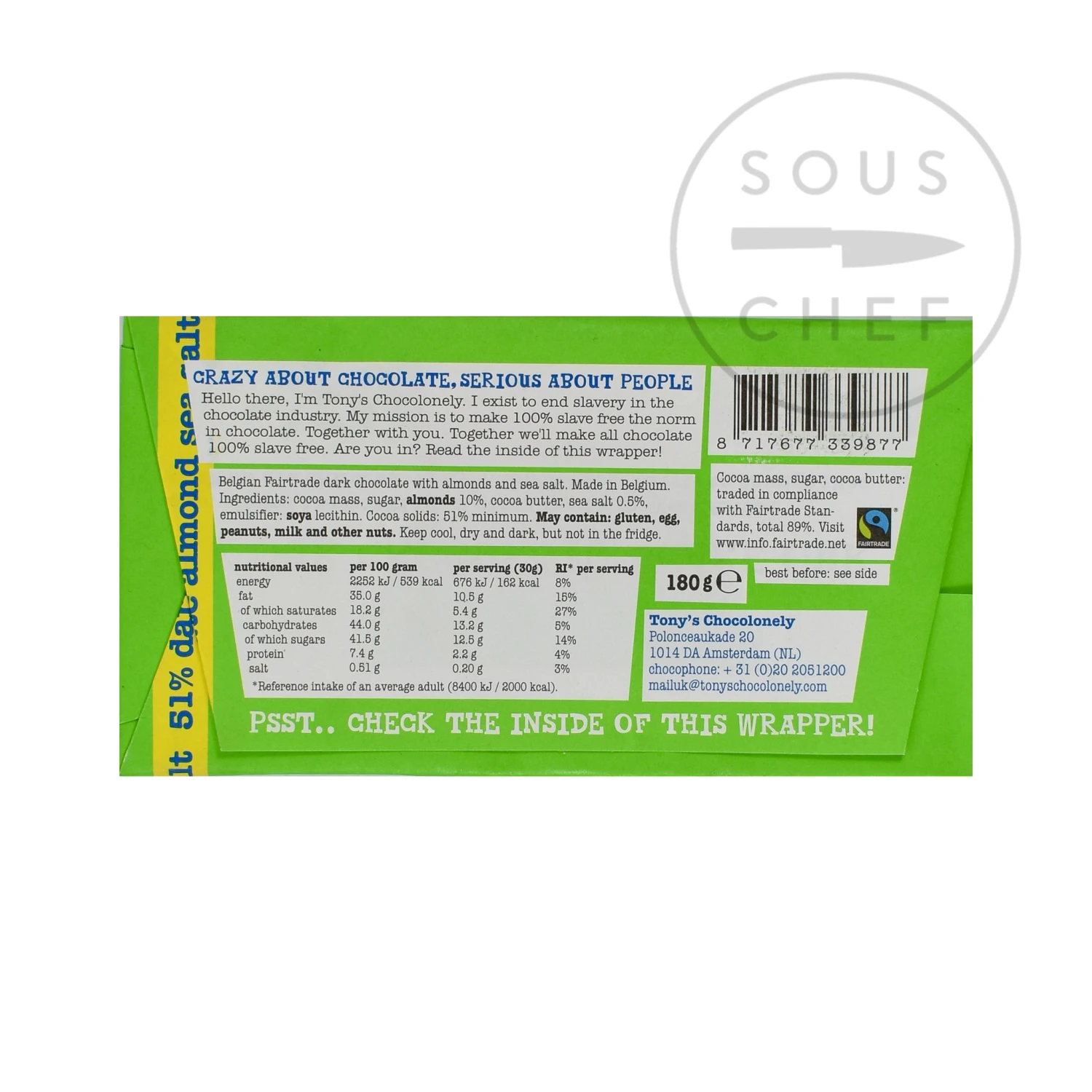 Tony's Chocolonely Dark Chocolate Almonds & Sea Salt 180g Ingredients 5 Tony's Chocolonely Dark Chocolate Almonds & Sea Salt 180g Ingredients