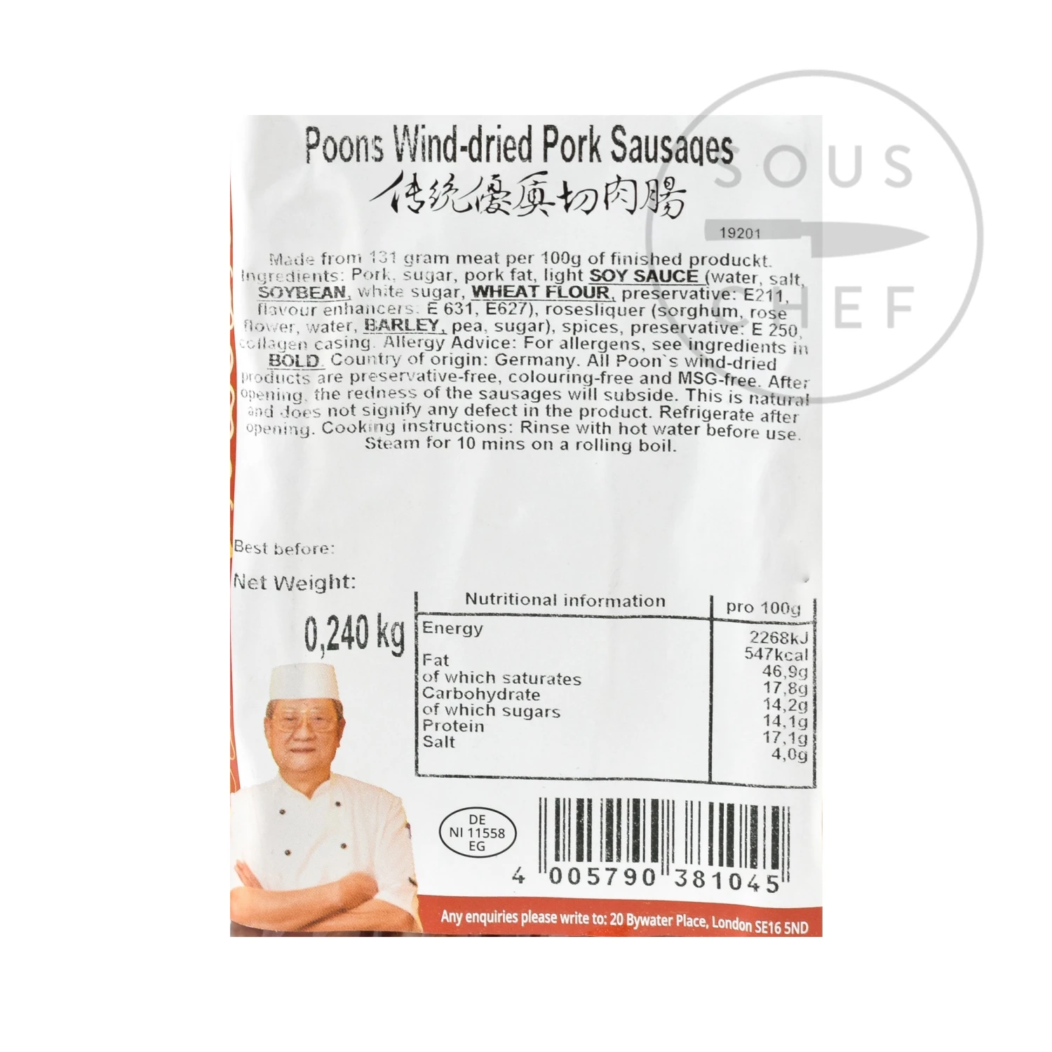 OK Poon's Chinese Wind-Dried Pork Sausage 240g Ingredients 5 OK Poon's Chinese Wind-Dried Pork Sausage 240g Ingredients