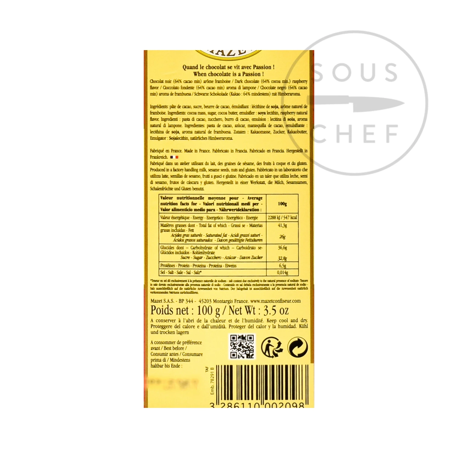 Mazet De Montargis Dark Chocolate With Raspberry 100g Ingredients 4 Mazet De Montargis Dark Chocolate With Raspberry 100g Ingredients