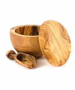 Naturally Med Olive Wood Salt Pot And Scoop Set Tableware