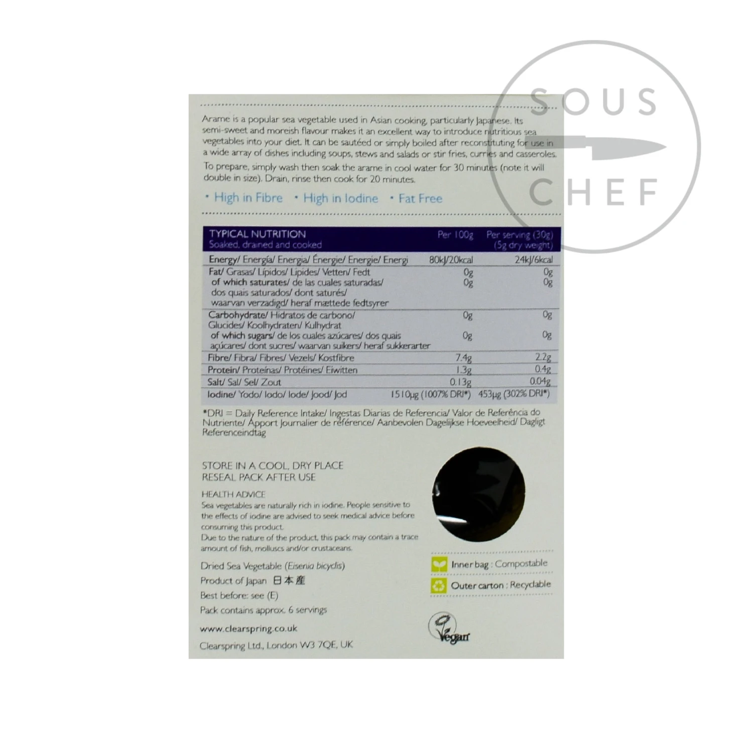 Clearspring Arame Seaweed 30g Ingredients 5 Clearspring Arame Seaweed 30g Ingredients
