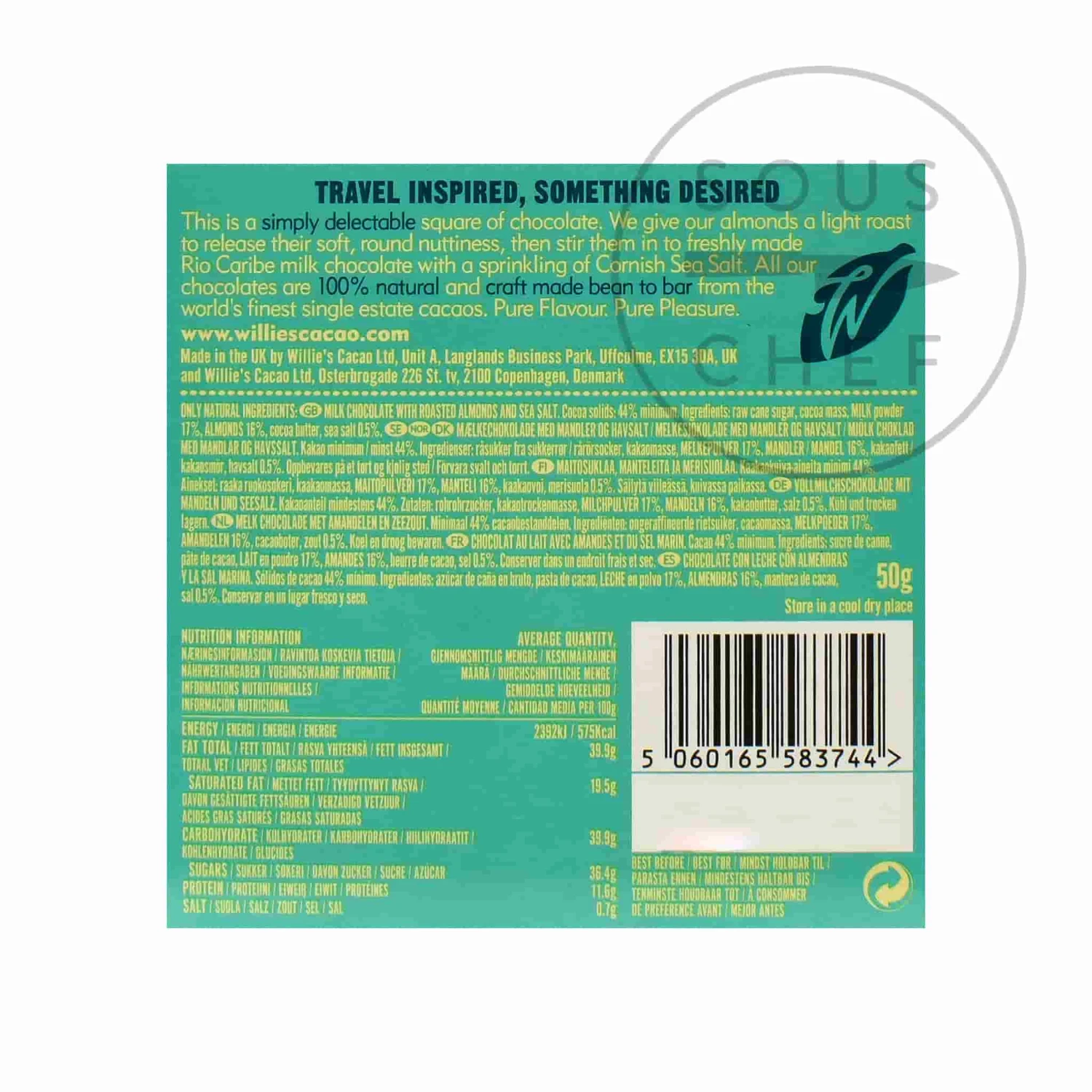 Willie's Cacao Sea Kissed Almond 44% Milk Chocolate 50g 4 Willie's Cacao Sea Kissed Almond 44% Milk Chocolate 50g