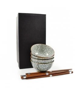 Kiji Stoneware & Ceramics Blue & White Flower Rice Bowl Set With Chopsticks