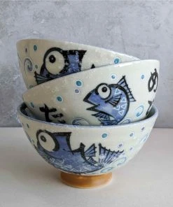 Kiji Stoneware & Ceramics Rice Bowl With Blue Fish